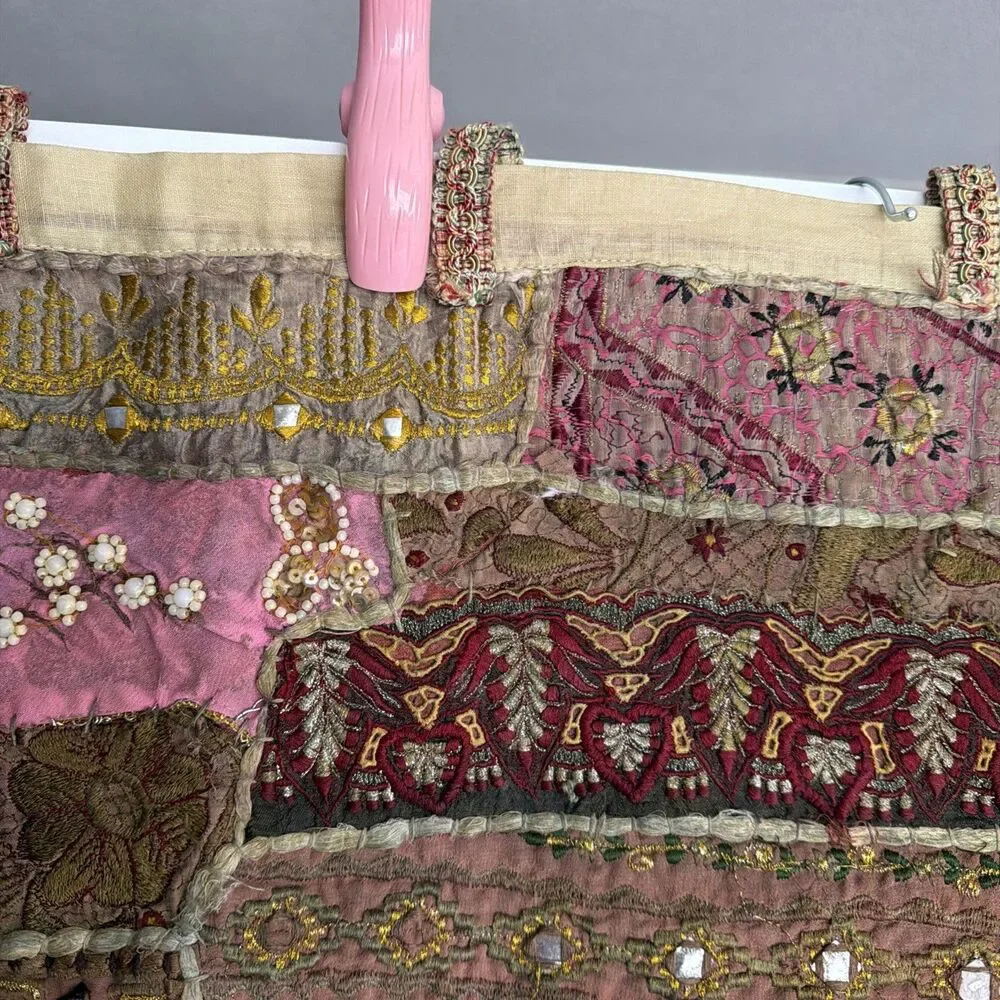 Vtg Indian Sari Patchwork Tapestry Wall Hanging Embroidered Zari Mirror 47x25